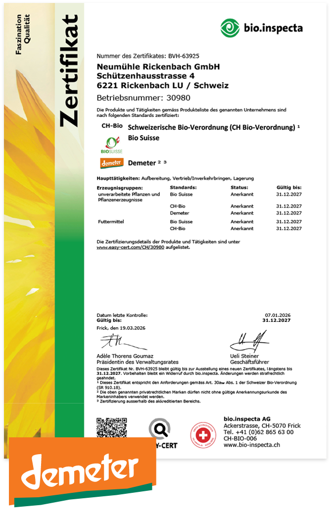 Demeter-Zertifikat Neumühle Rickenbach 2026