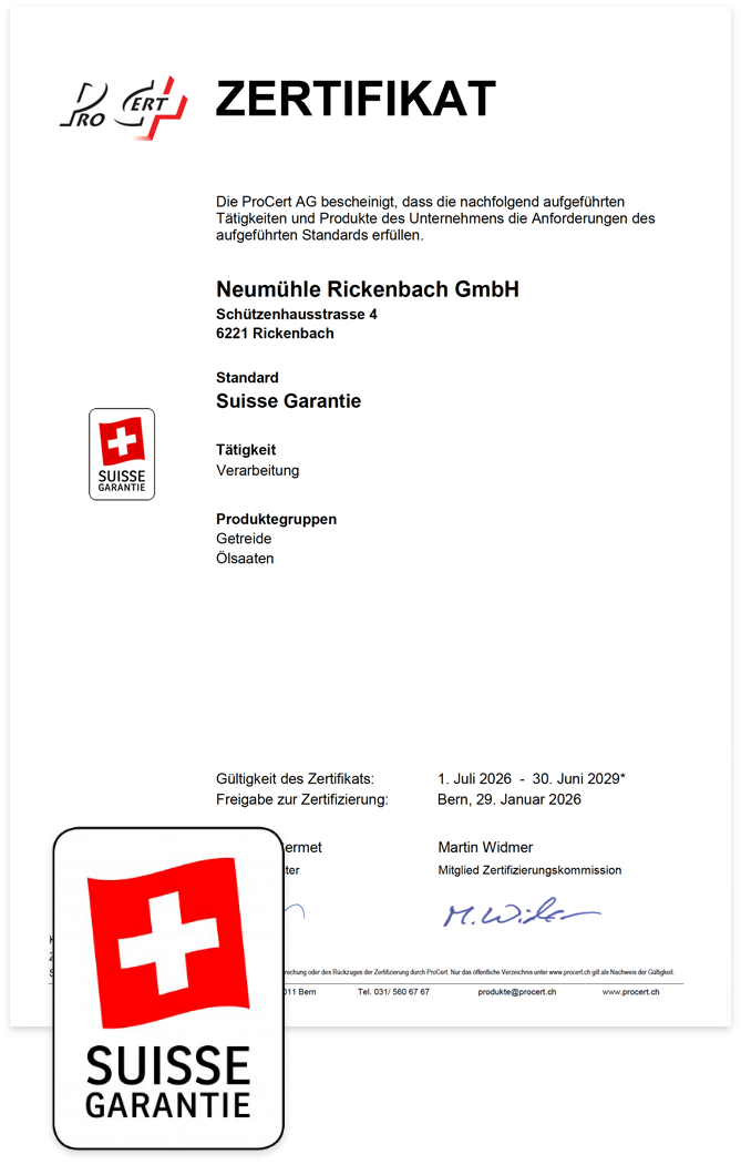 Neumuehle Rickenbach Suisse Garantie Zertifikat 2026